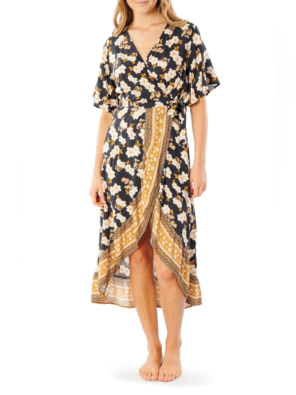 Rip Curl Gray Mustard Yellow Marigold Floral Ruffle Wrap Dress Sz L